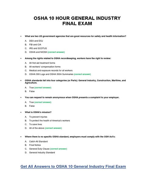 Get All Answers to OSHA 10 General Industry Final Exam f OSHA standards appear in the Code of Federal Regulations (CFR). . Osha 10hour general industry answers